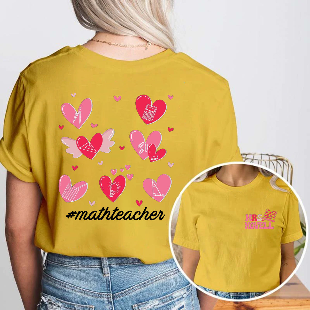 Personalized Name And Subject Pink Heart Double Printed T-shirt