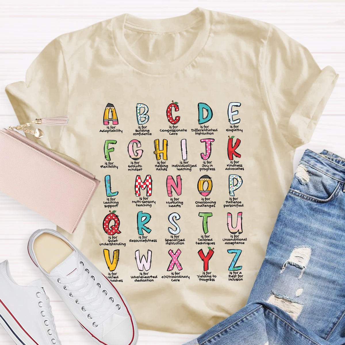 Colorful Plaid Design Alphabet Teacher T-Shirt