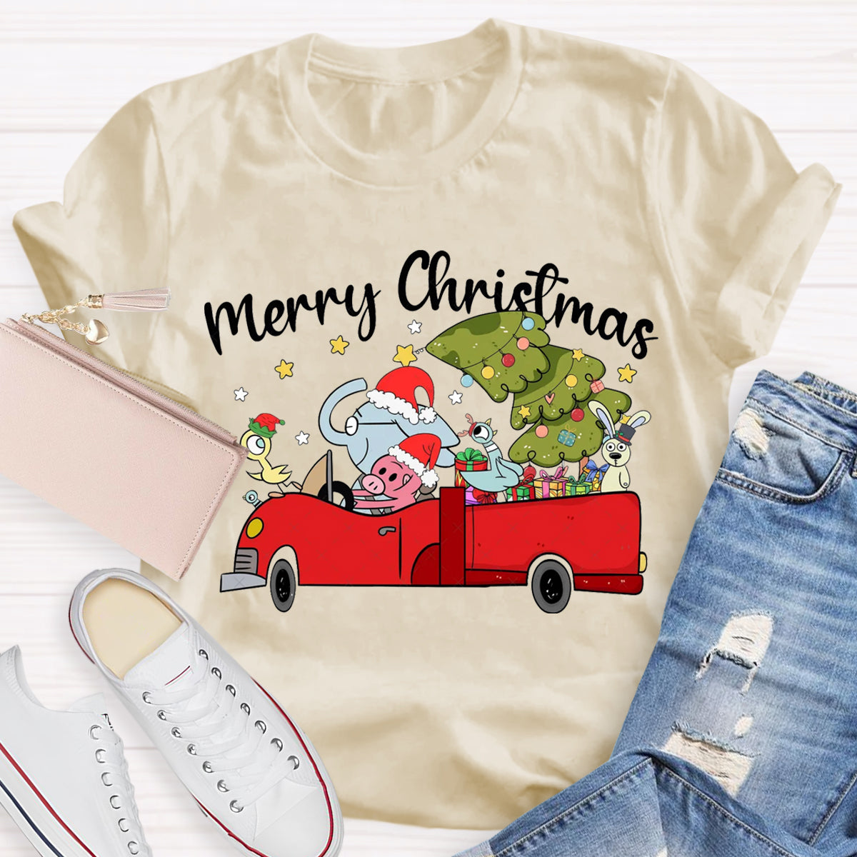 Merry Christmas Animals Driving Cars T-Shirt