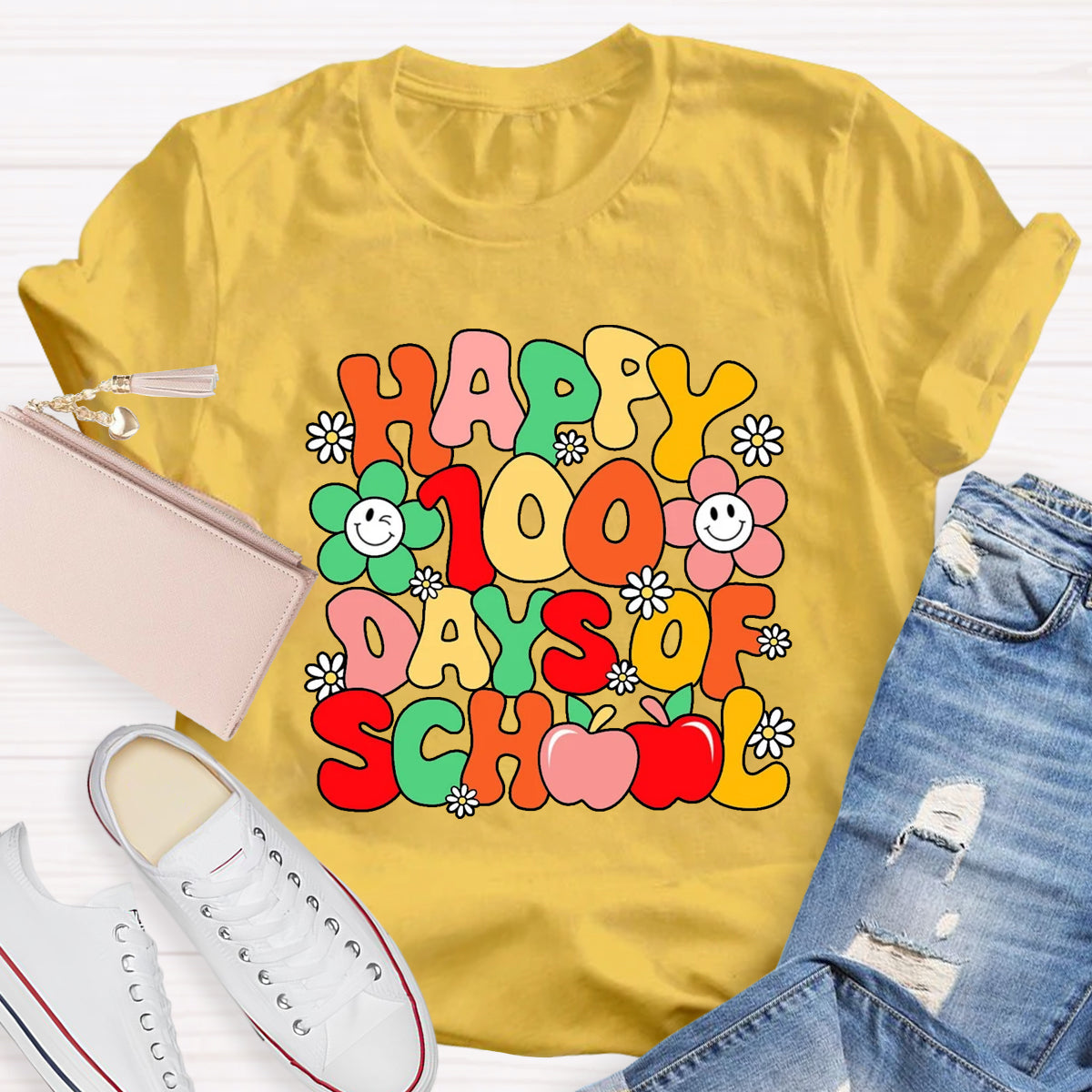 Happy 100 Days Of School Flower Apple T-Shirt