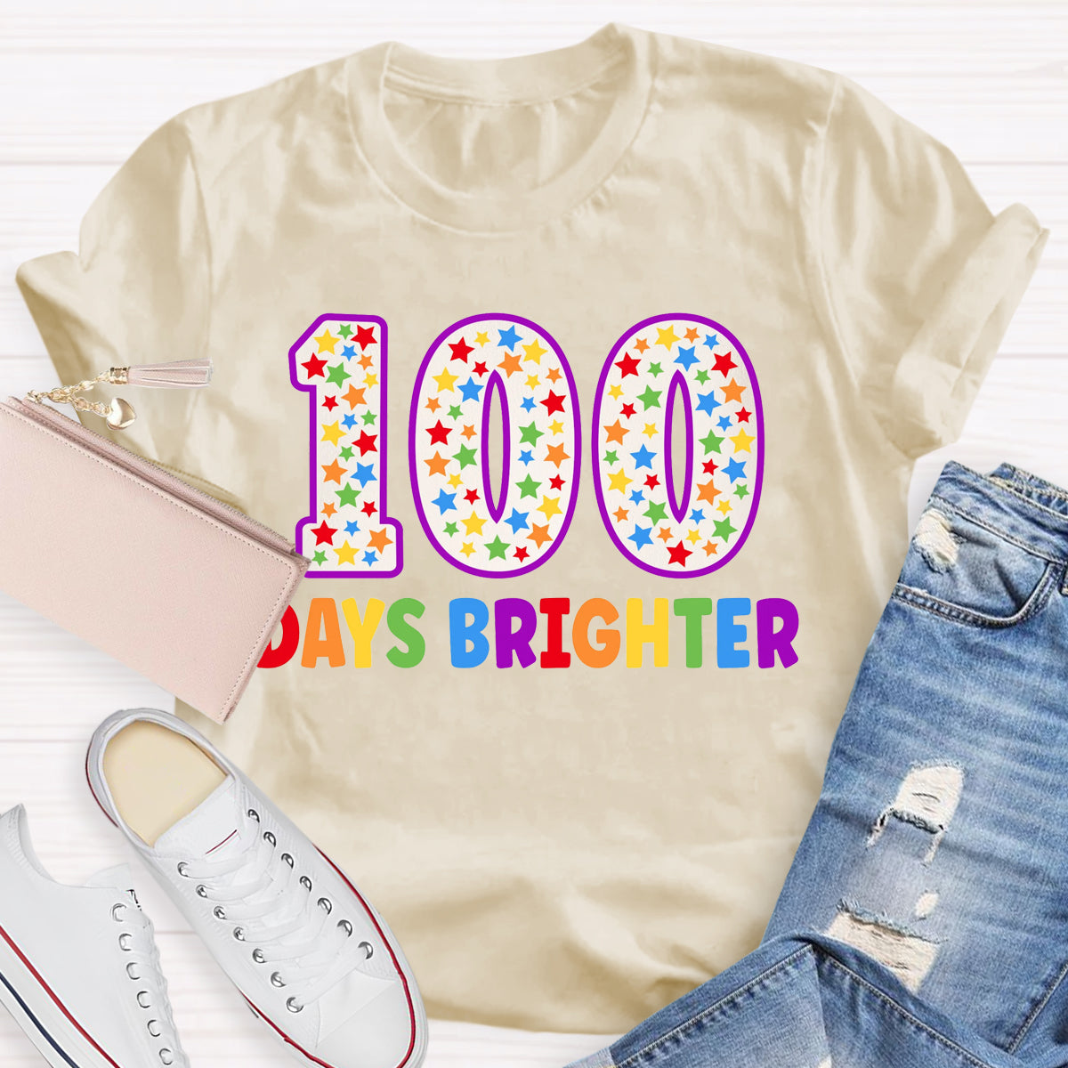 100 Days Brighter Colorful Letter Teacher T-Shirt