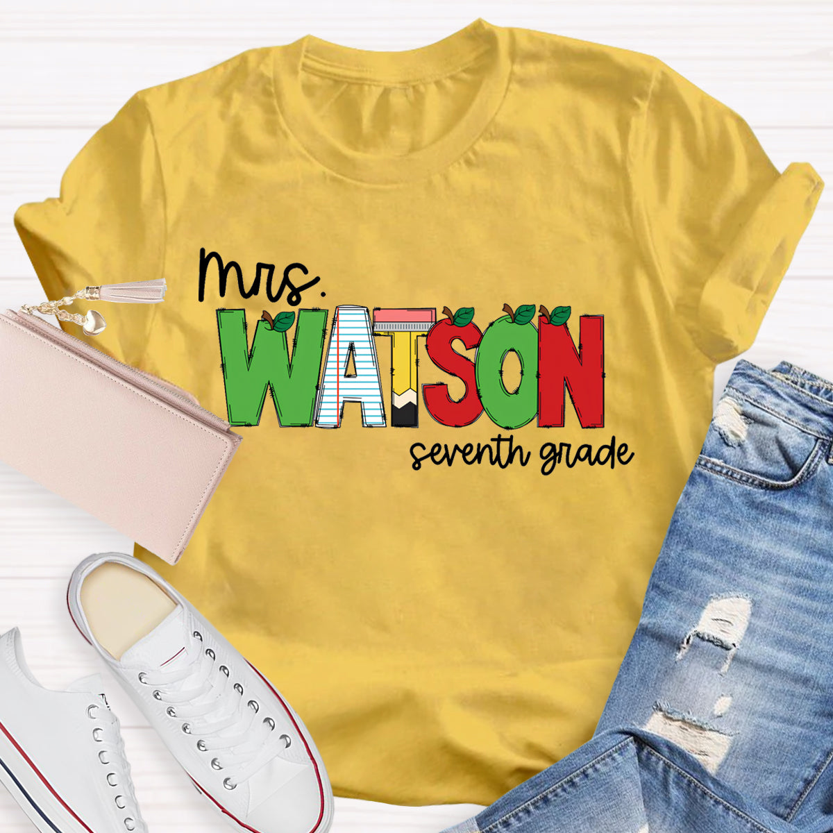 Personalized Name And Grade Green Red Color Block Teacher T-Shirt