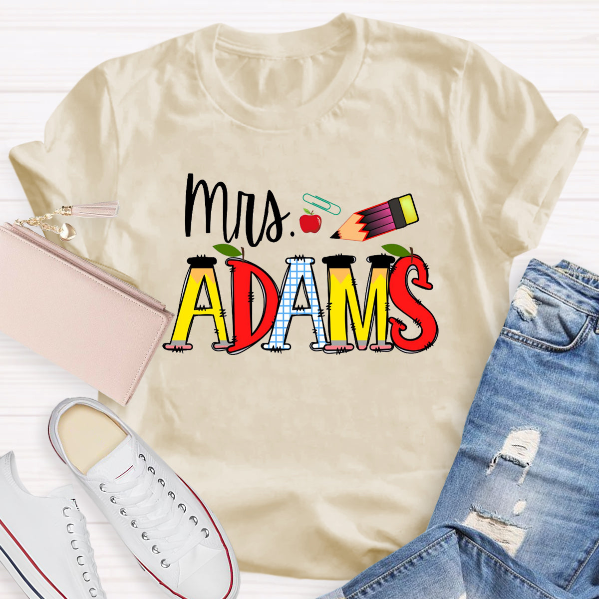 Personalized Teacher Name Apple Pencil T-Shirt