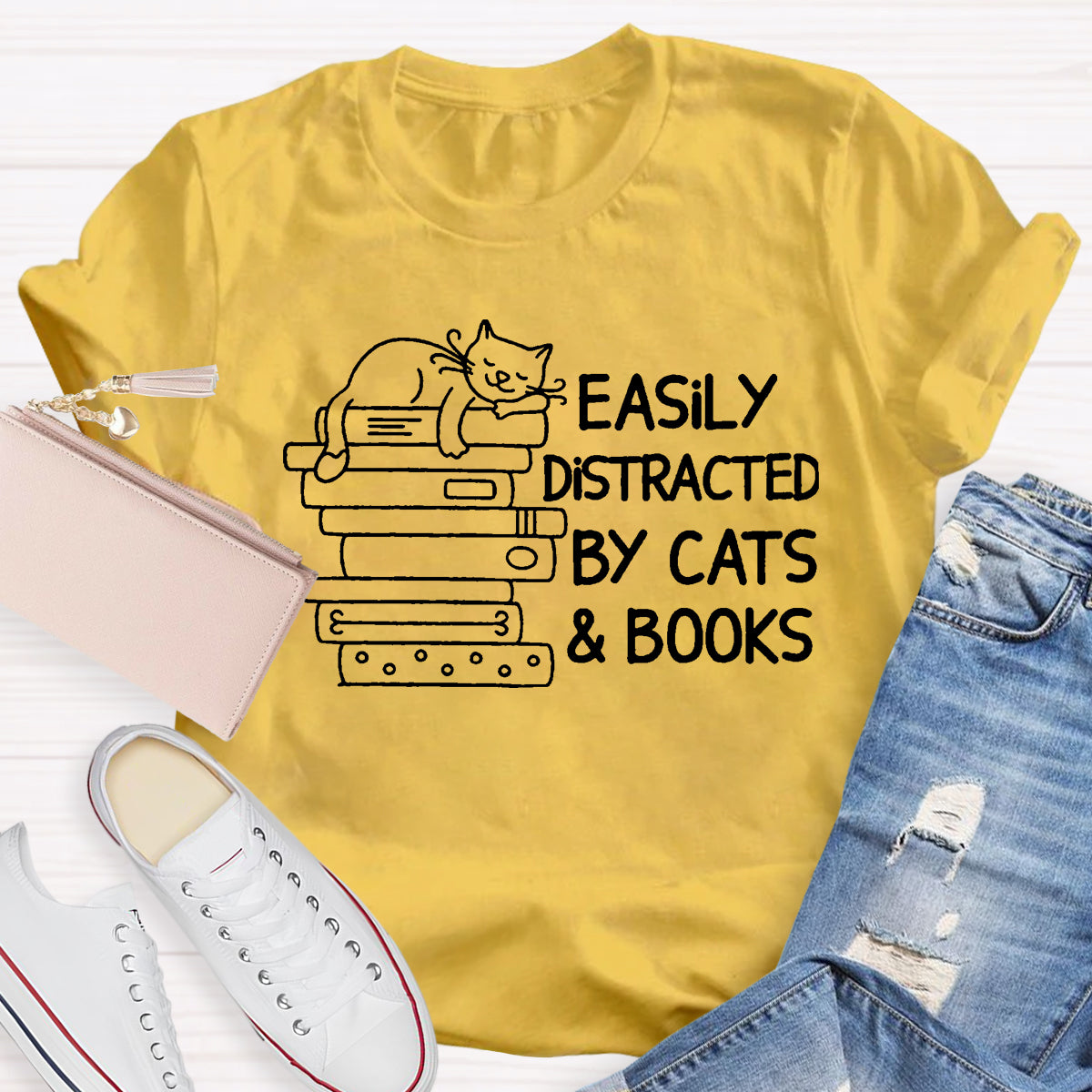 Easily Distracted By Cats And Books Teacher T-Shirt