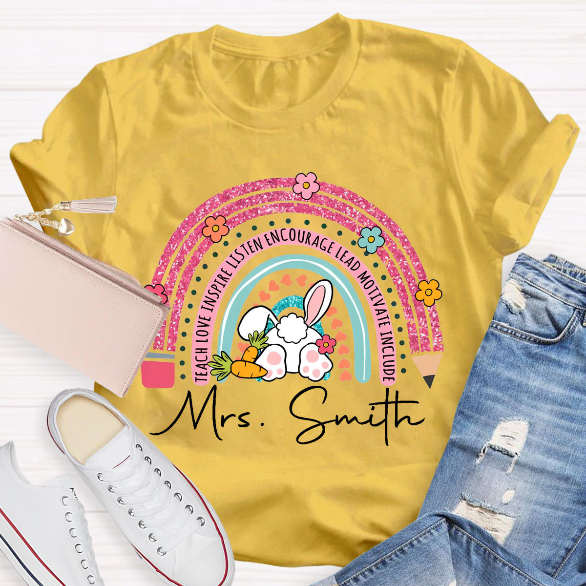 Personalized Name Easter Pink Pencil Rainbow T-Shirt