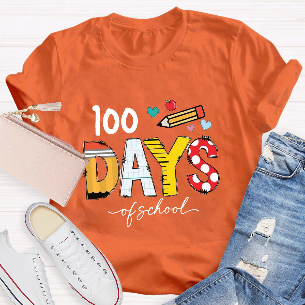 100 Days Of School Pencil Apple Teacher T-Shirt