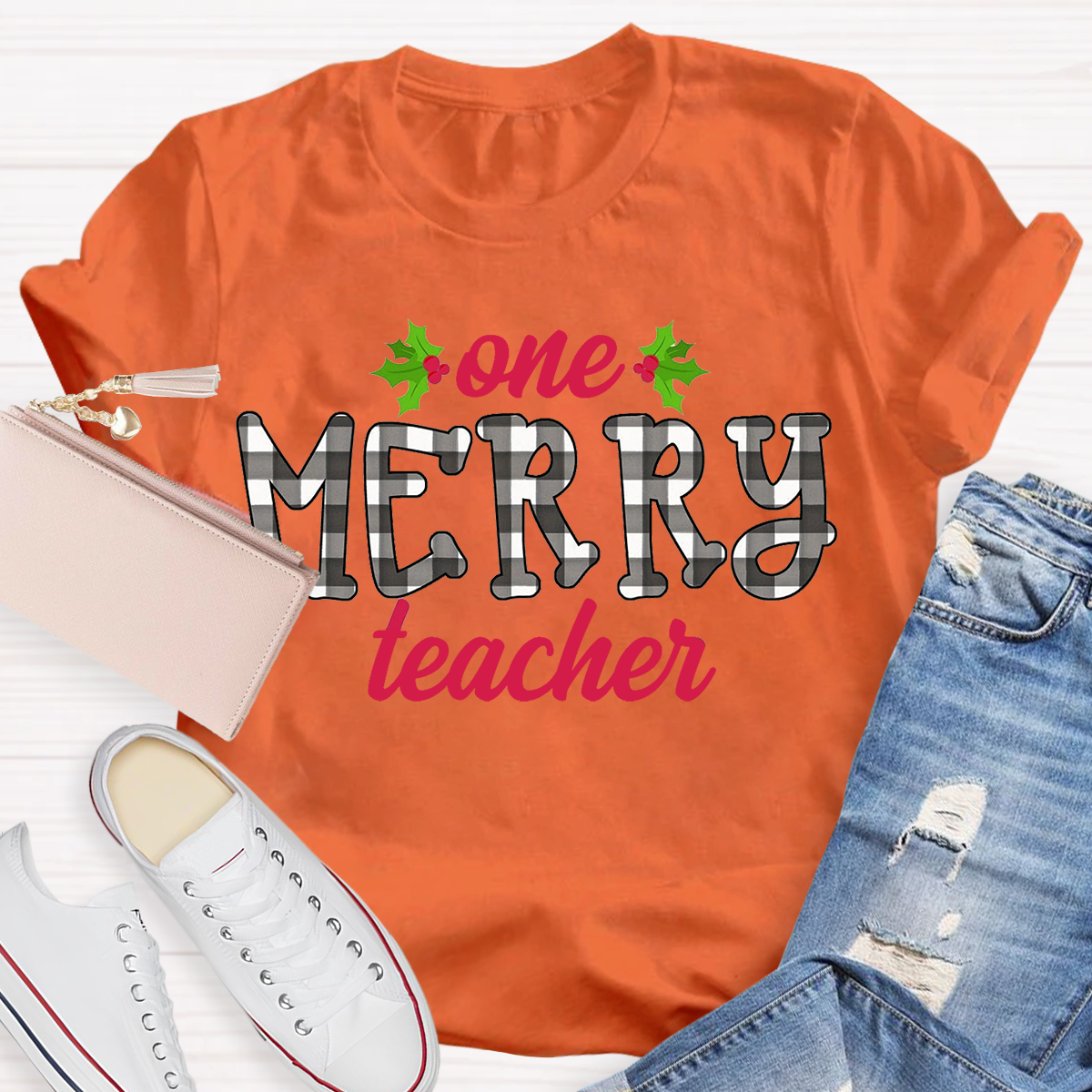 One Merry Teacher Christmas Plaid T-Shirt