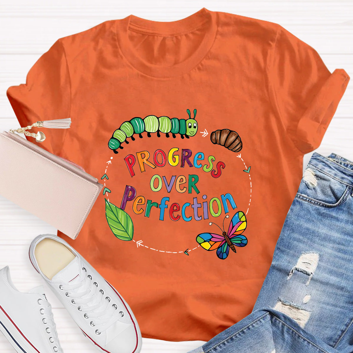 Progress Over Perfection Butterfly Teacher T-Shirt