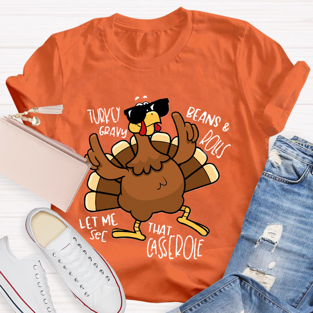 Turkey Gravy Beans Rolls Thanksgiving Teacher T-Shirt