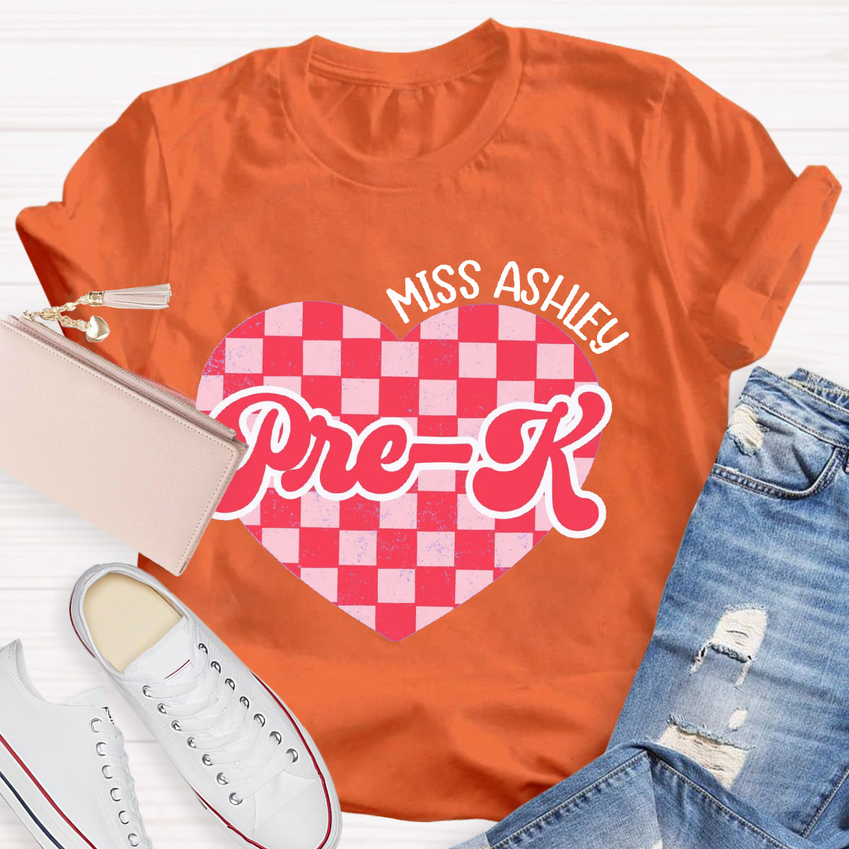 Personalized Name And Grade Pink Heart Teacher T-Shirt