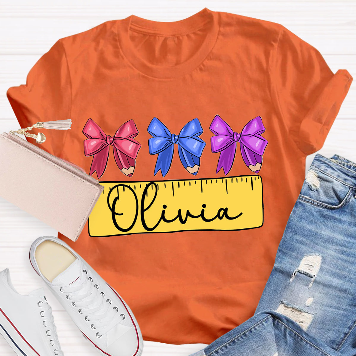 Personalized Name Bow Ruler Print Teacher T-Shirt