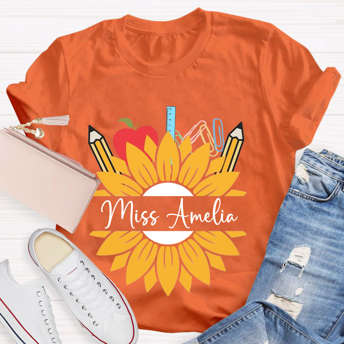 Personalized Name Sunflower Apple Pencil Teacher T-Shirt