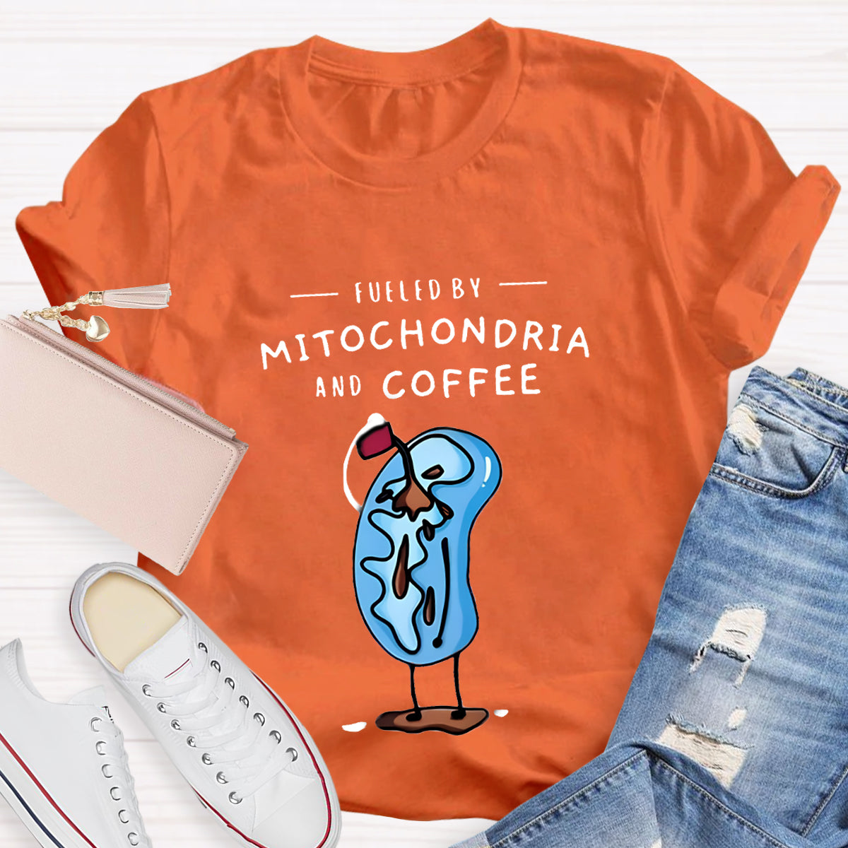 Fueled By Mitochondria And Coffee Funny Science Teacher T-Shirt