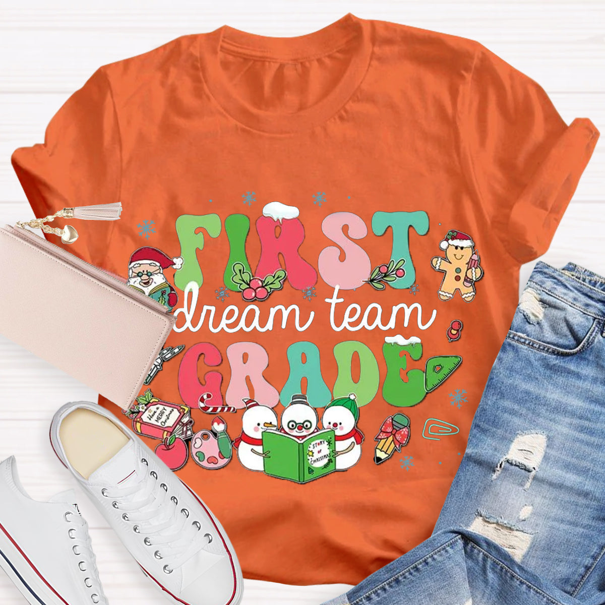 Personalized Grade Dream Team Christmas Snowman Reading A Book T-Shirt