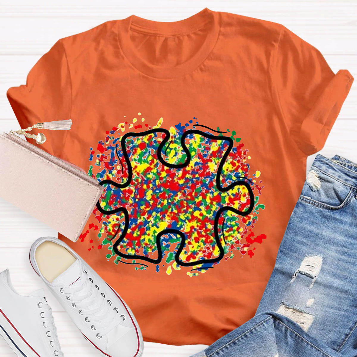 Colorful Autism Puzzle Piece Teacher T-Shirt