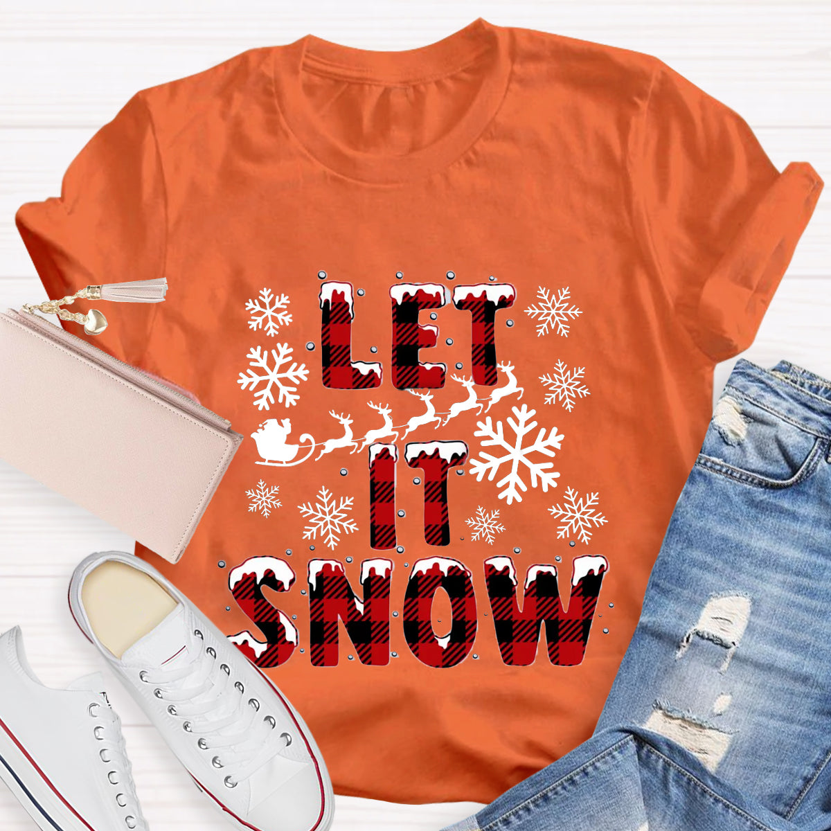 Let It Snow Red Plaid Teacher T-Shirt