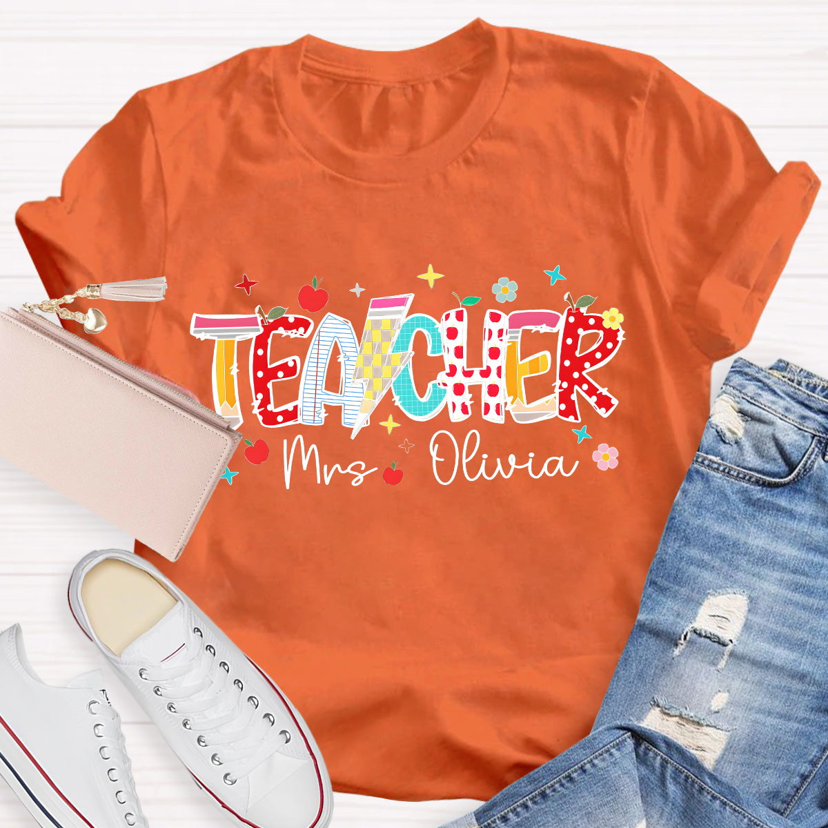 Personalized Name Star And Flower Teacher T-Shirt