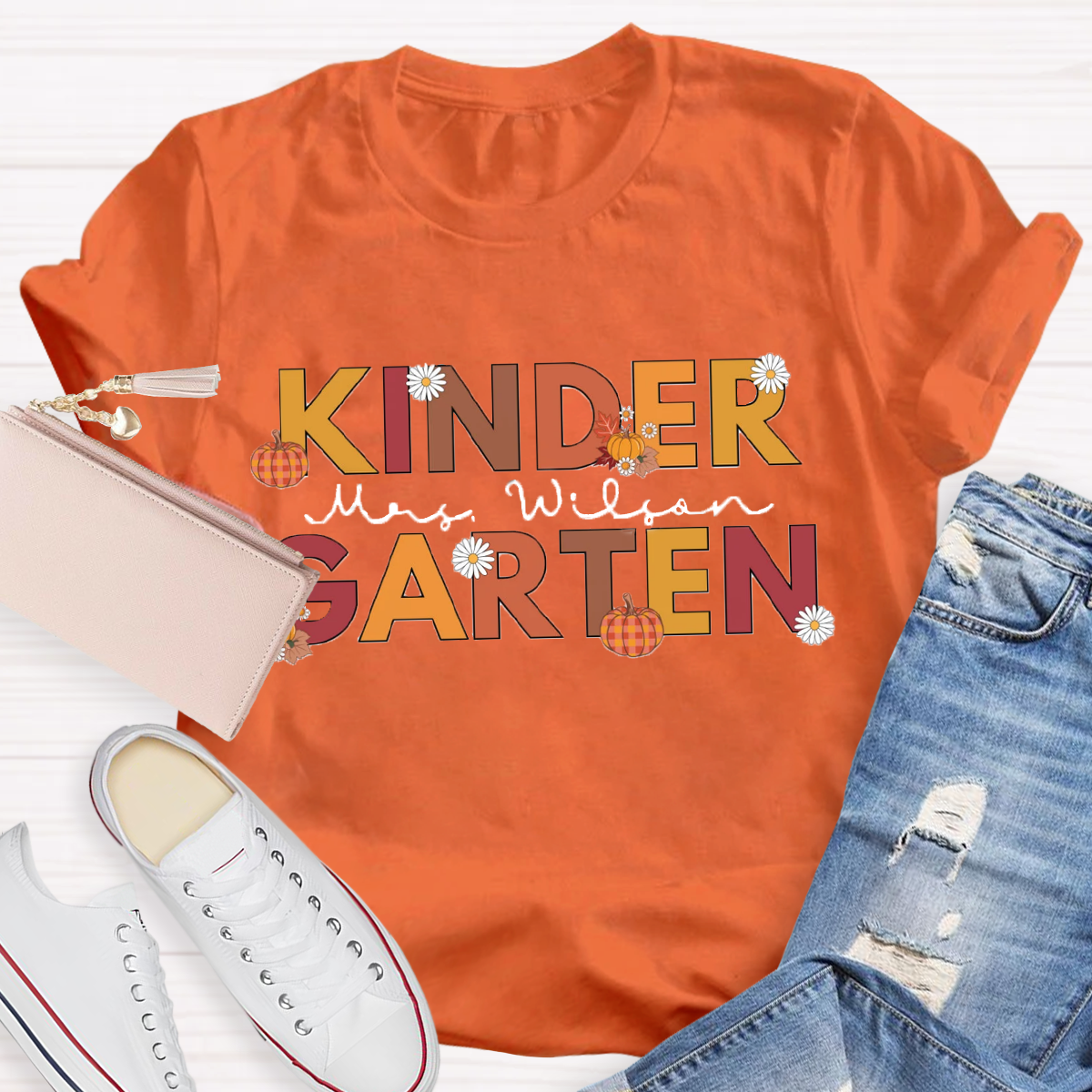 Personalized Name Fall Thanksgiving Kindergarten Teacher T-Shirt