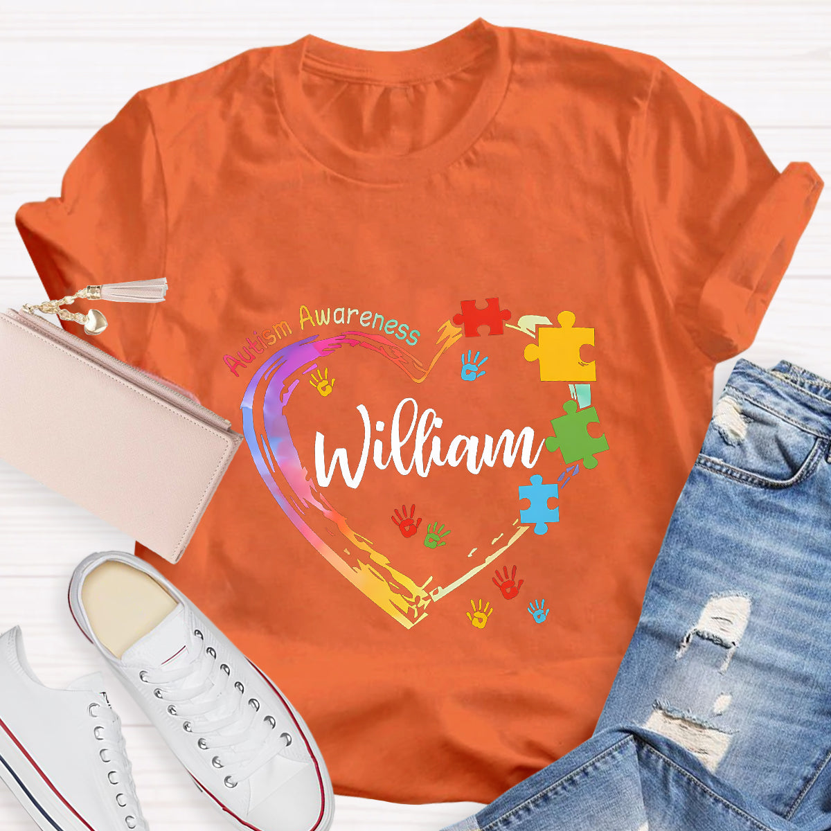 Personalized Name Autism Colorful Heart Teacher T-Shirt