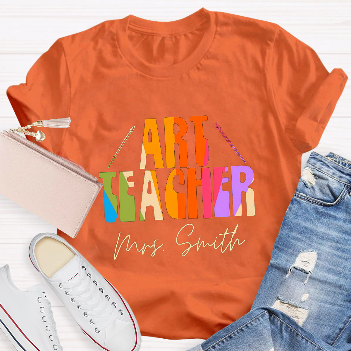 Personalized Name And Art Simple Color Teacher T-Shirt