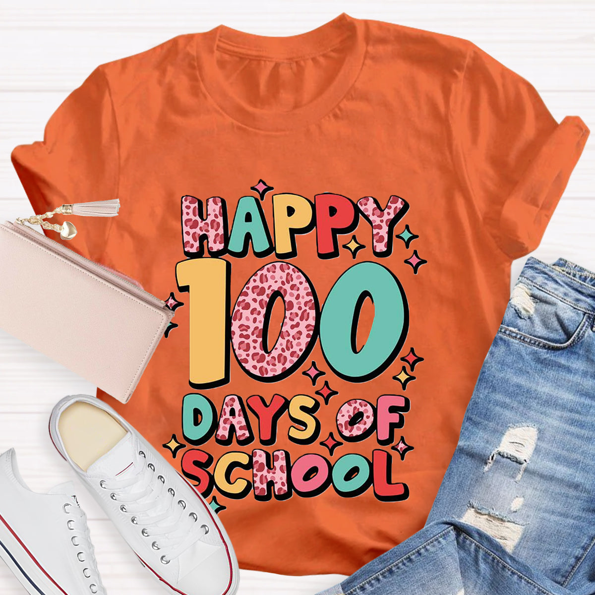 Pink Leopard Happy 100 Days Of School Teacher T-Shirt