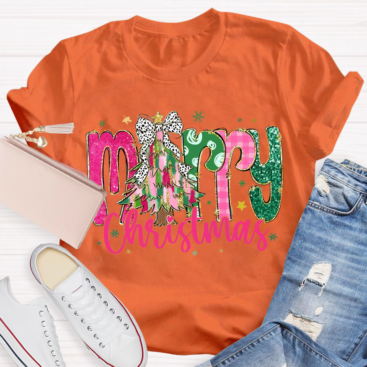 Colorful Glitter Merry Christmas Teacher T-Shirt