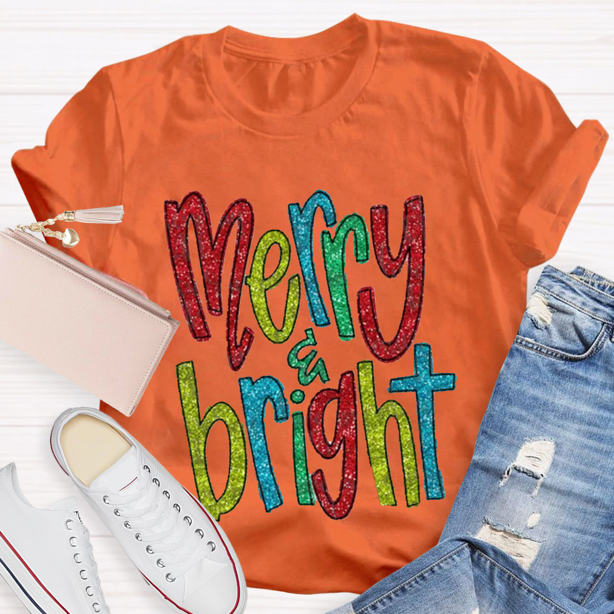 Glitter Merry And Bright Teacher T-Shirt