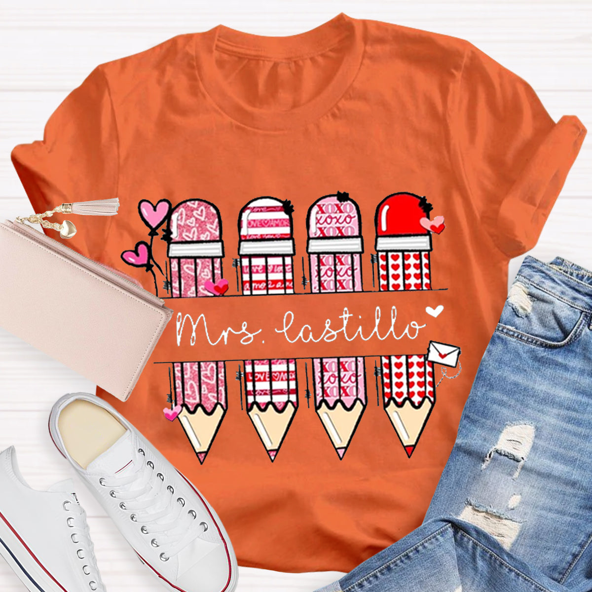 Personalized Teacher Name Pencil Valentines Day T-Shirt