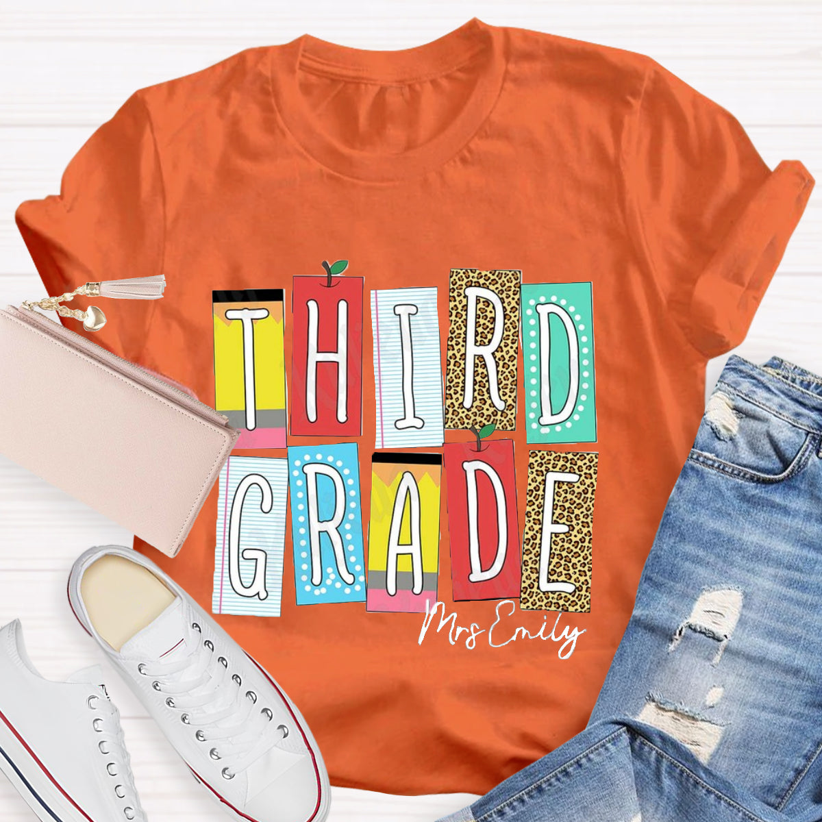 Personalized Grade And Name Leopard Color Block Teacher T-Shirt