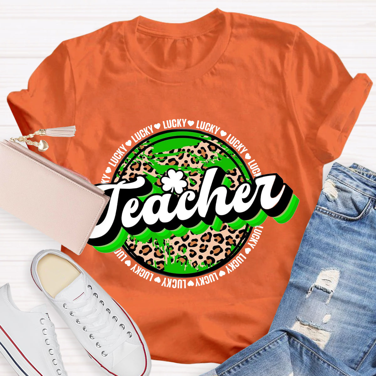 St. Patrick's Day Lucky Leopard Shamrock Teacher T-Shirt