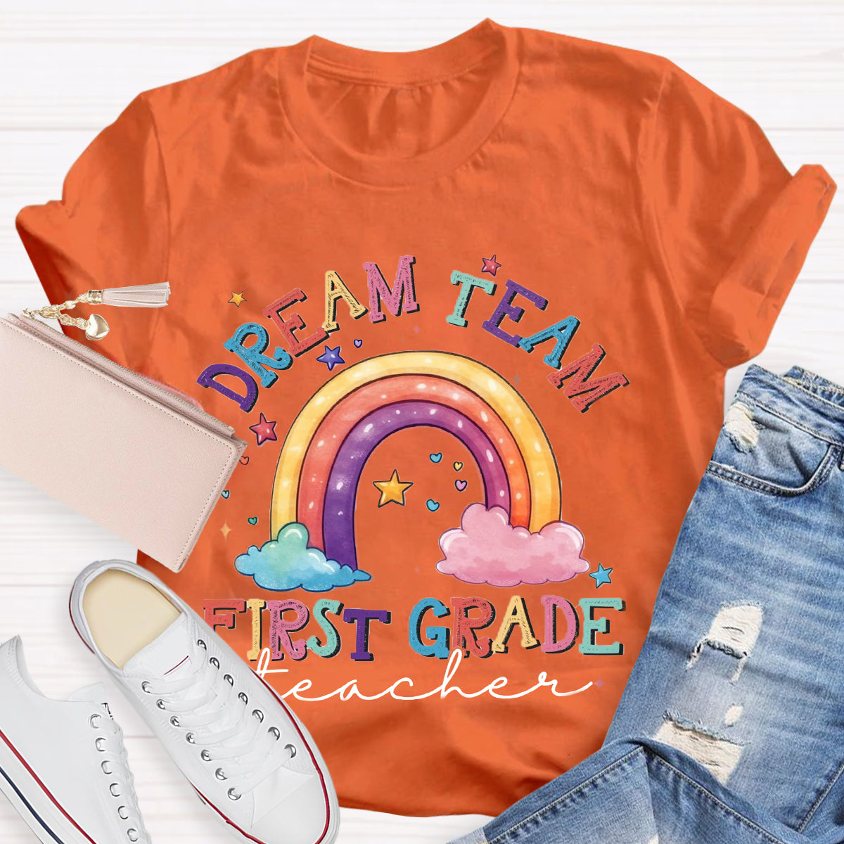 Personalized Grade Dream Team Teacher Rainbow T-Shirt