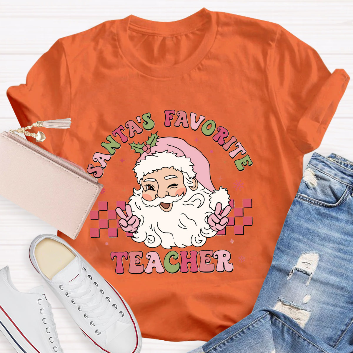 Santa's Favorite Teacher Pink Santa Claus T-Shirt