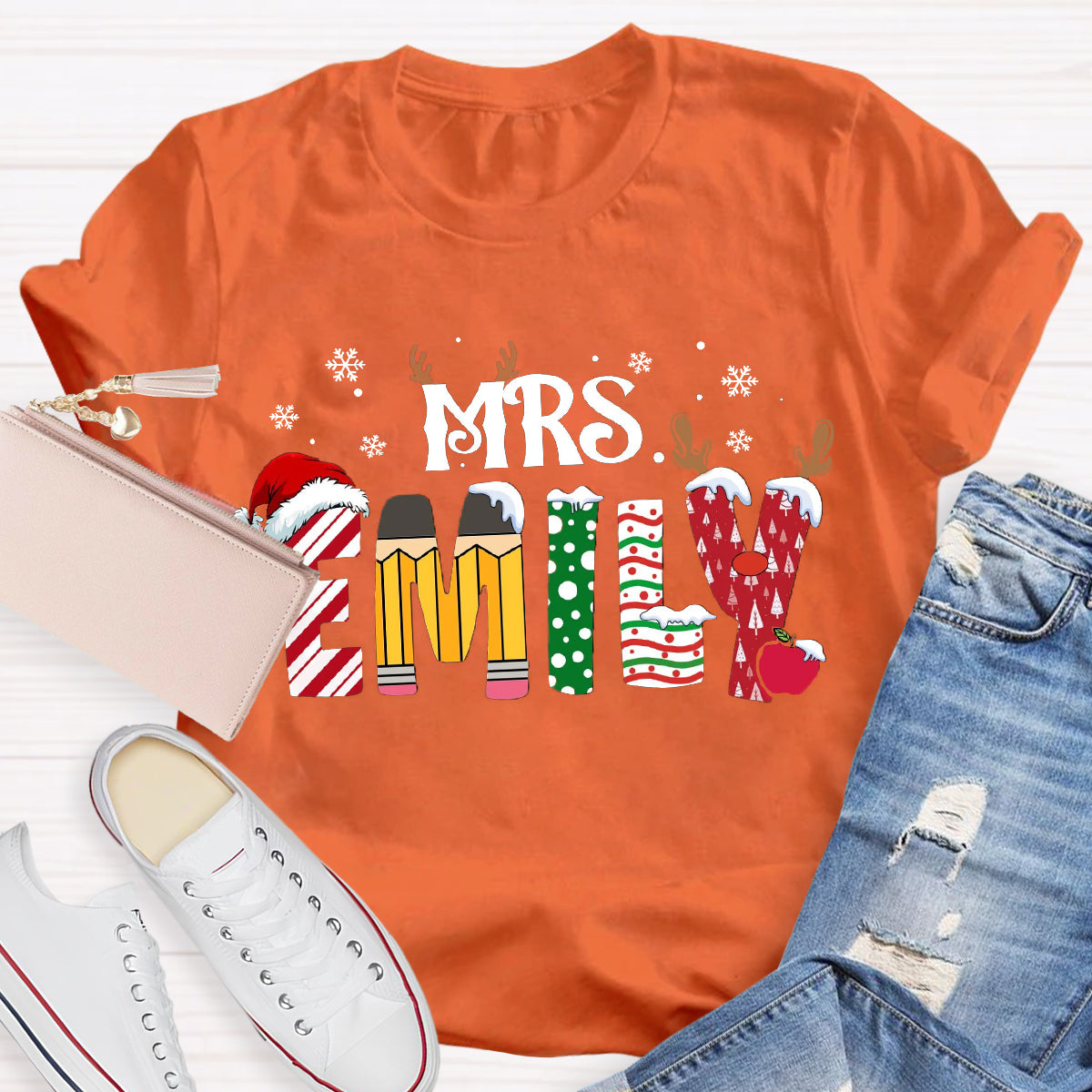 Personalized Name Christmas Teacher Emily T-Shirt