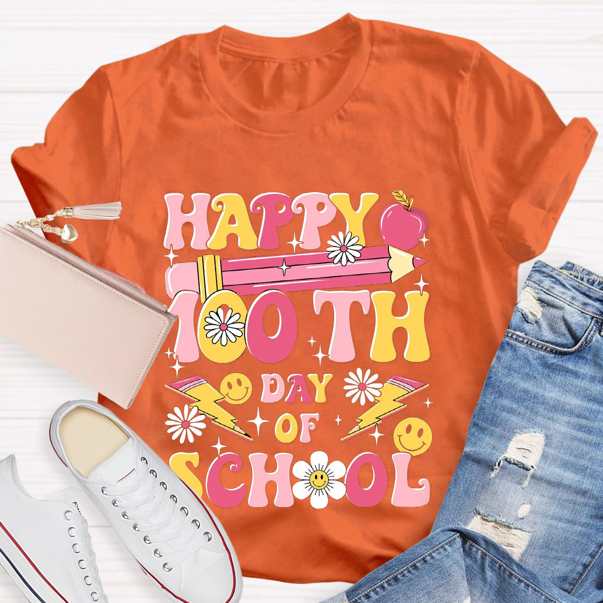 Happy 100 Days Of School Pink Pencil Teacher T-Shirt