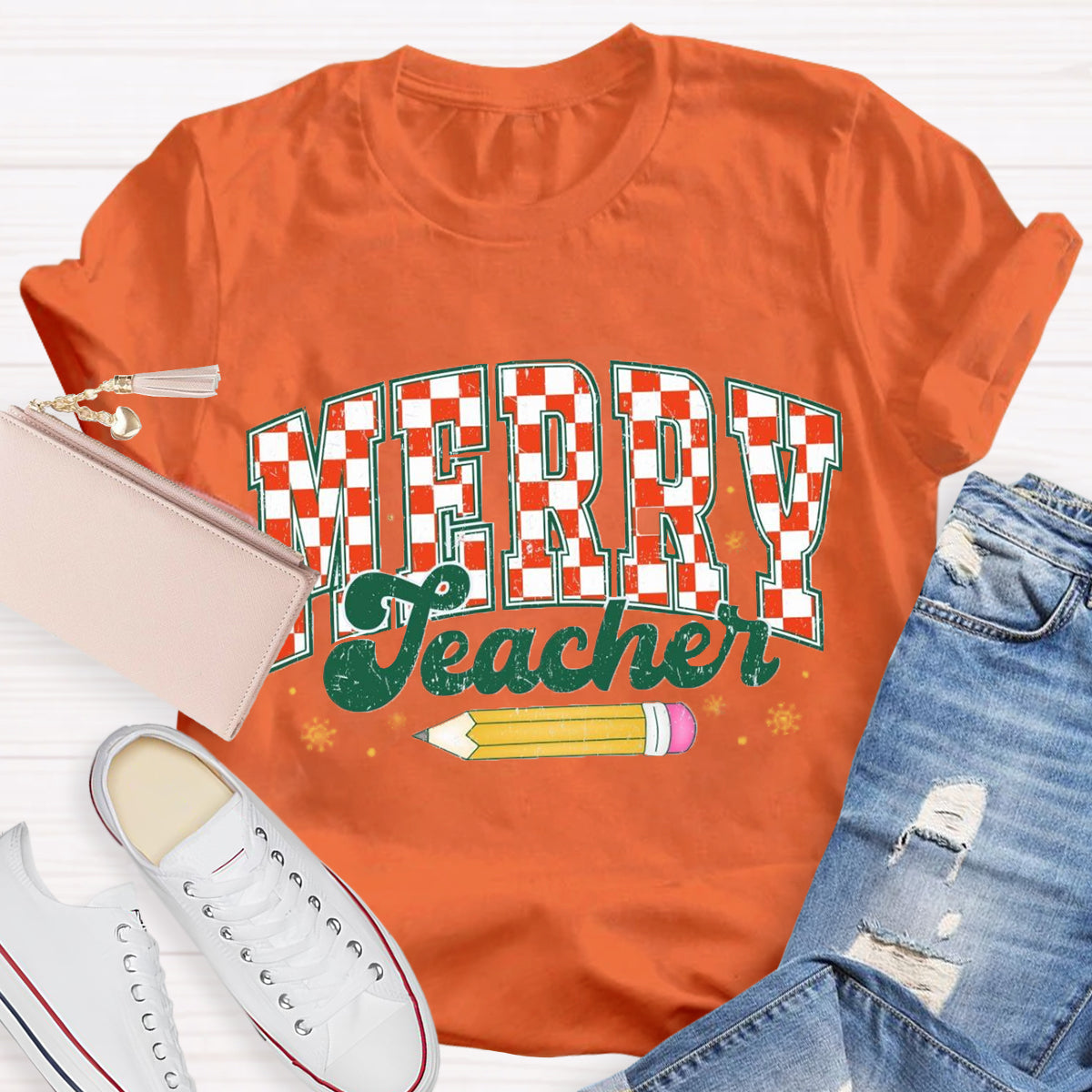 Merry Teacher Plaid Pencil T-Shirt