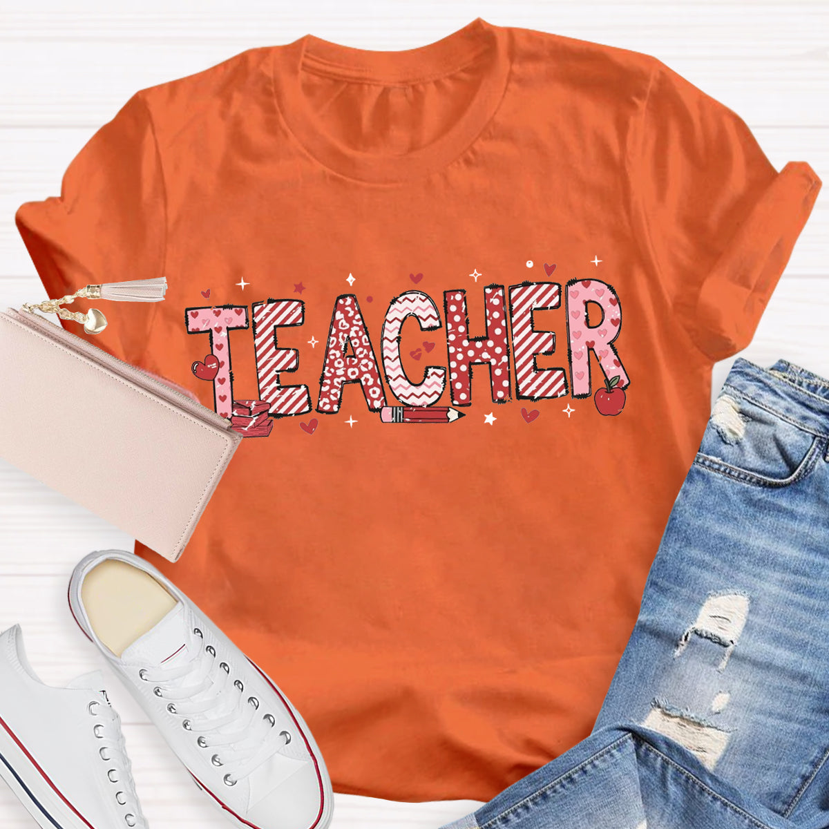 Valentine's Day Pink Heart Pencil Teacher T-Shirt