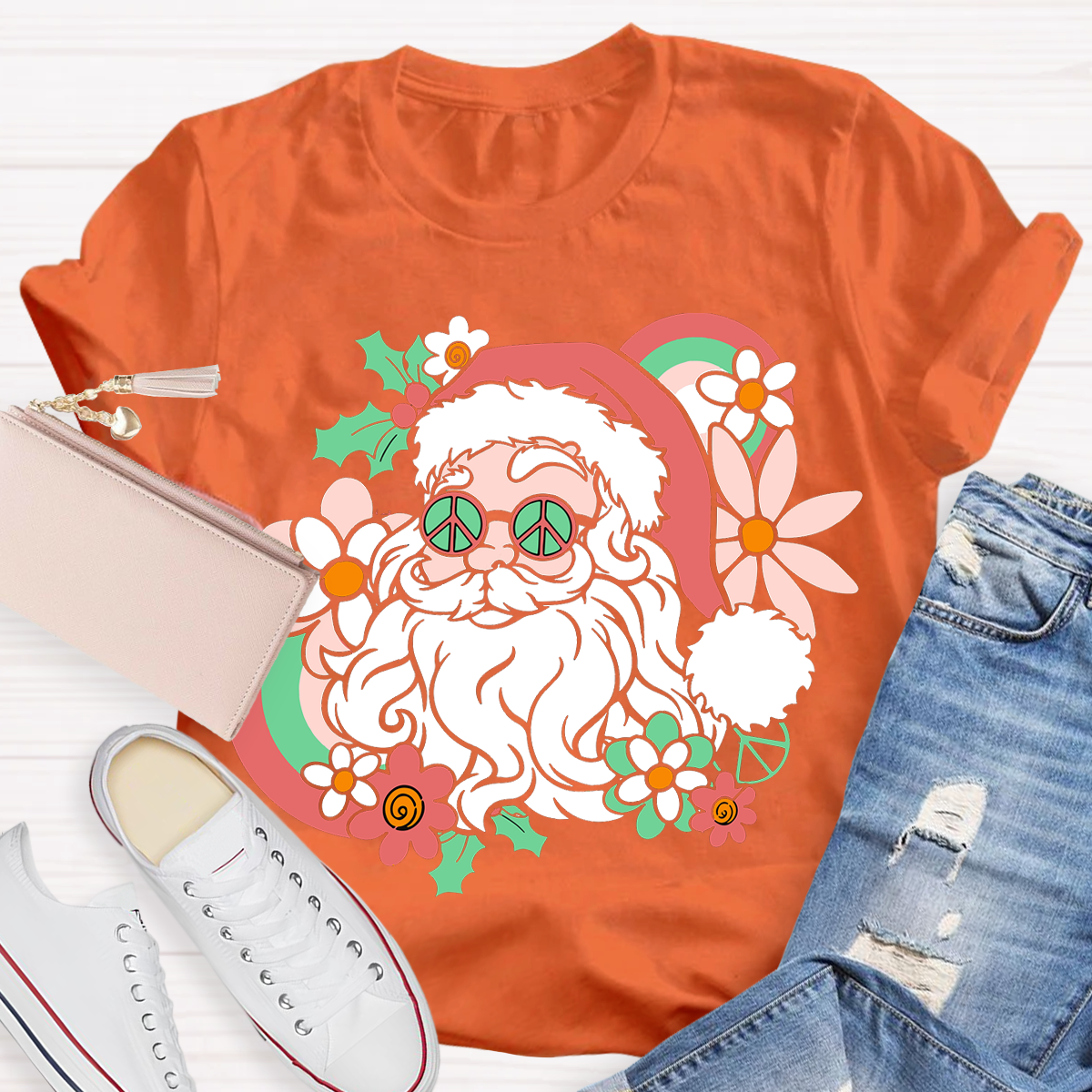 Hippie Santa Groovy Peace Christmas Teacher T-Shirt