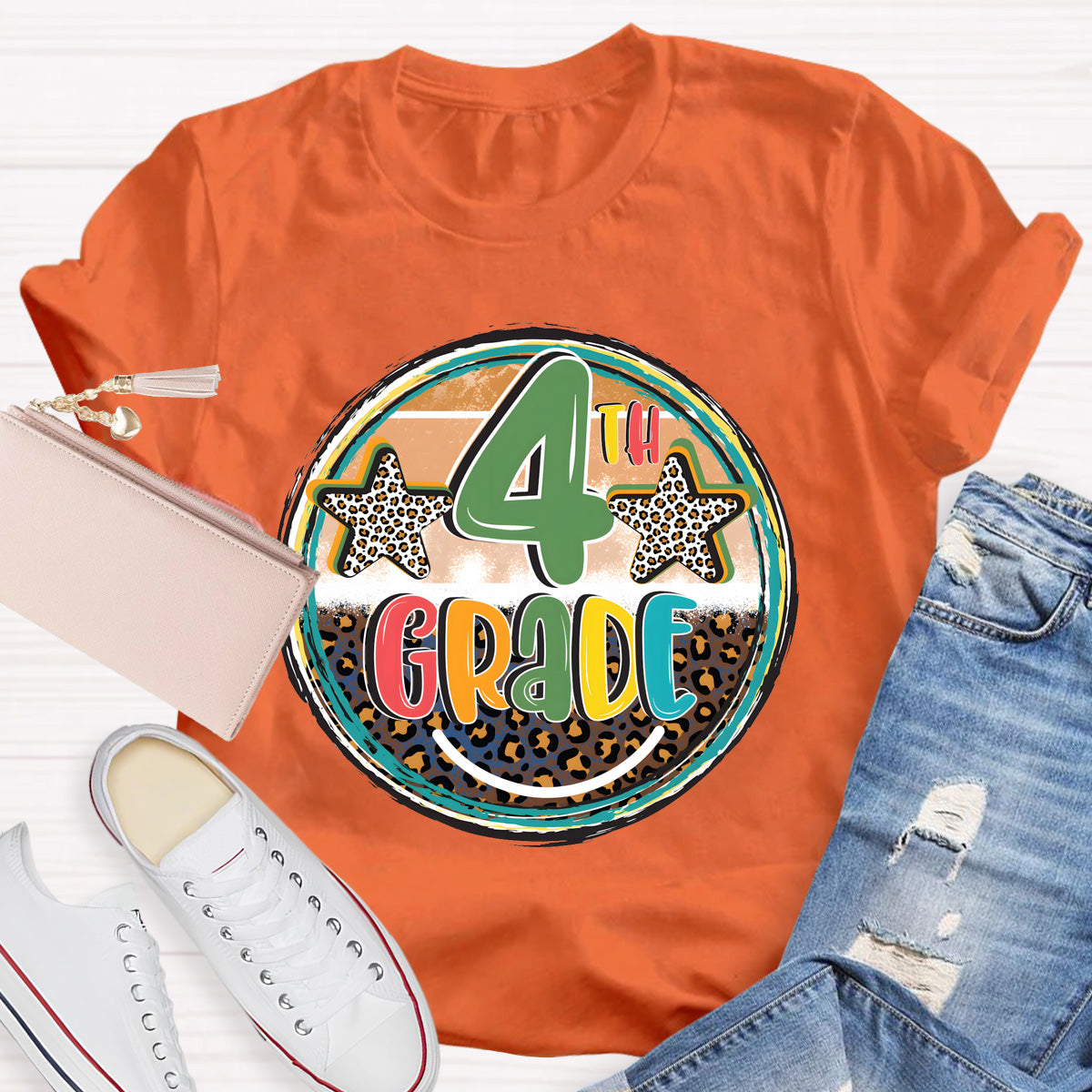 Personalized Grade Leopard Star 4th Grade Teacher T-Shirt