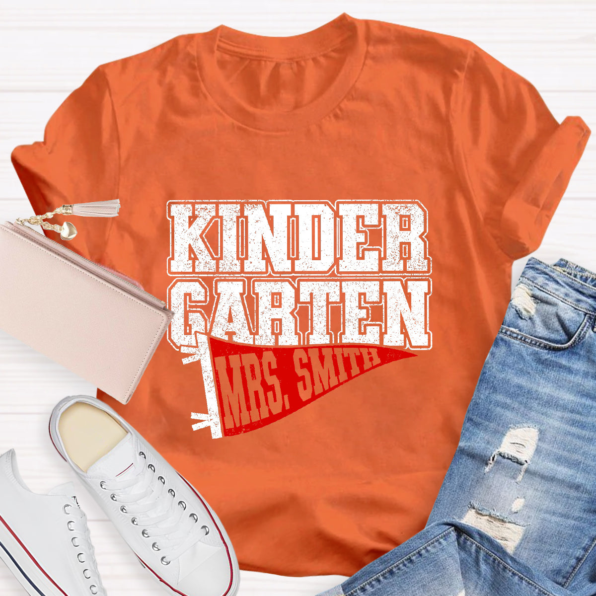 Personalized Grade And Name Flag Shaped Print Teacher T-Shirt