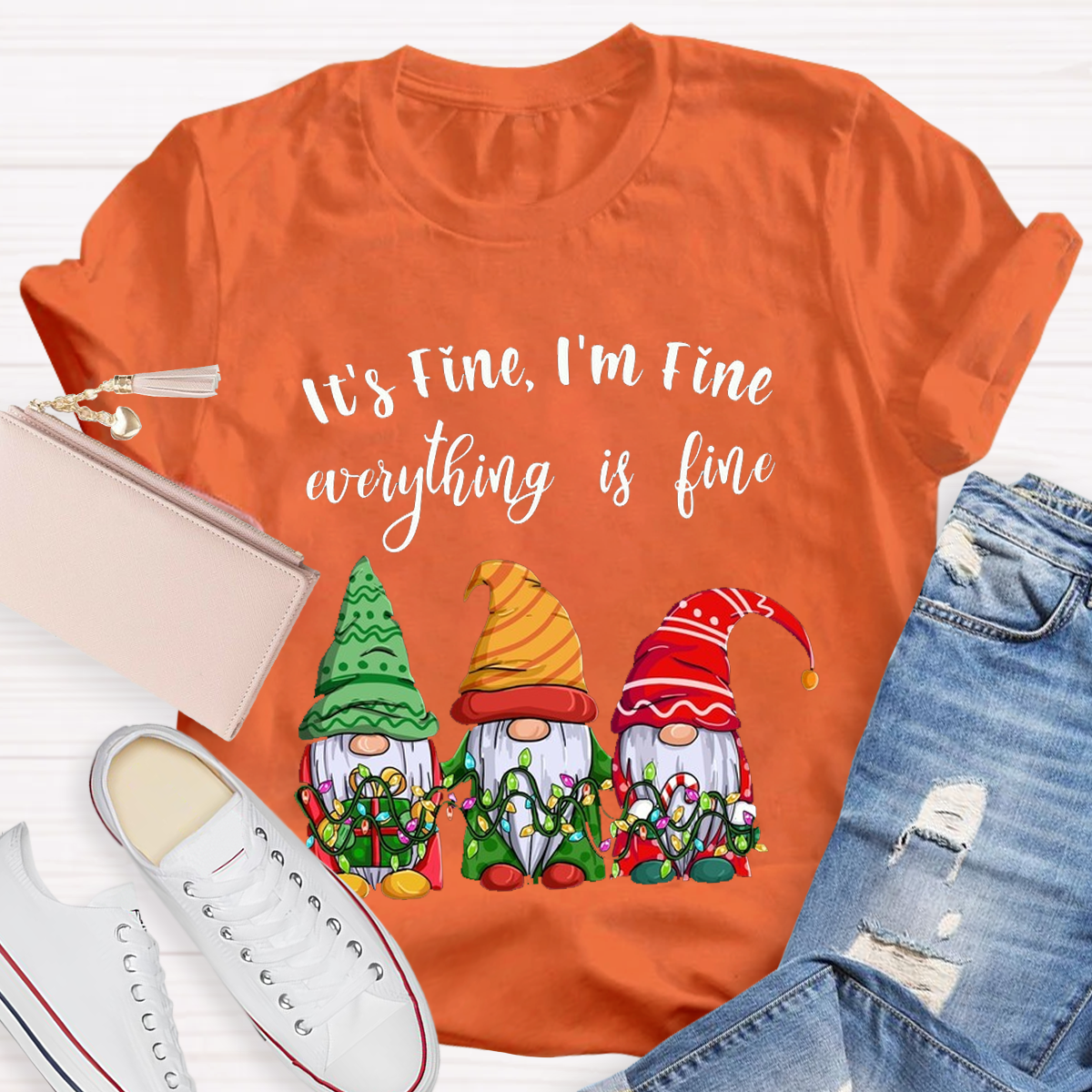 It's Fine I'm Fine Everything Is Fine Gnome Christmas Teacher T-Shirt