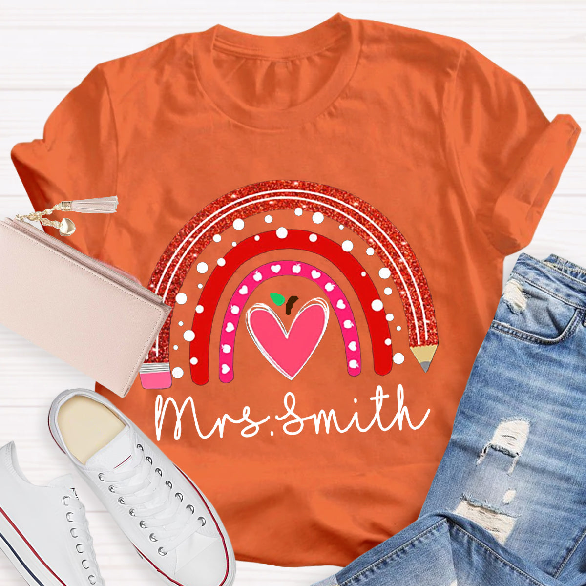 Personalized Name Rainbow Pencil Heart-Shaped Apple Teacher T-Shirt