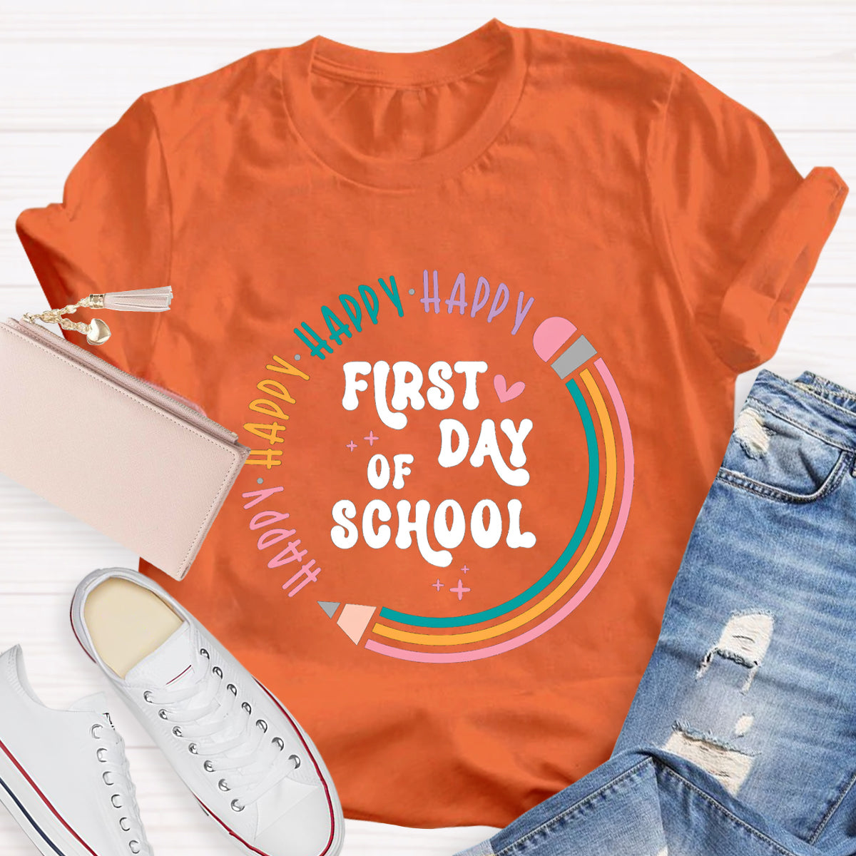 Happy First Day Of School Pencil Circle Teacher T-Shirt