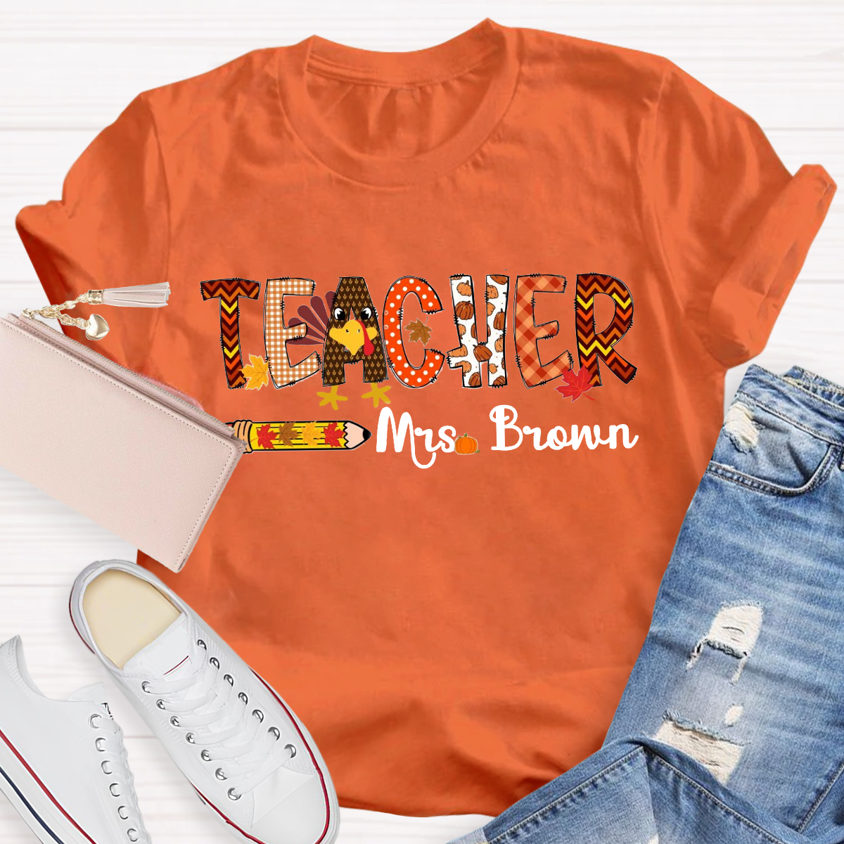 Personalized Name Thanksgiving Teacher T-Shirt