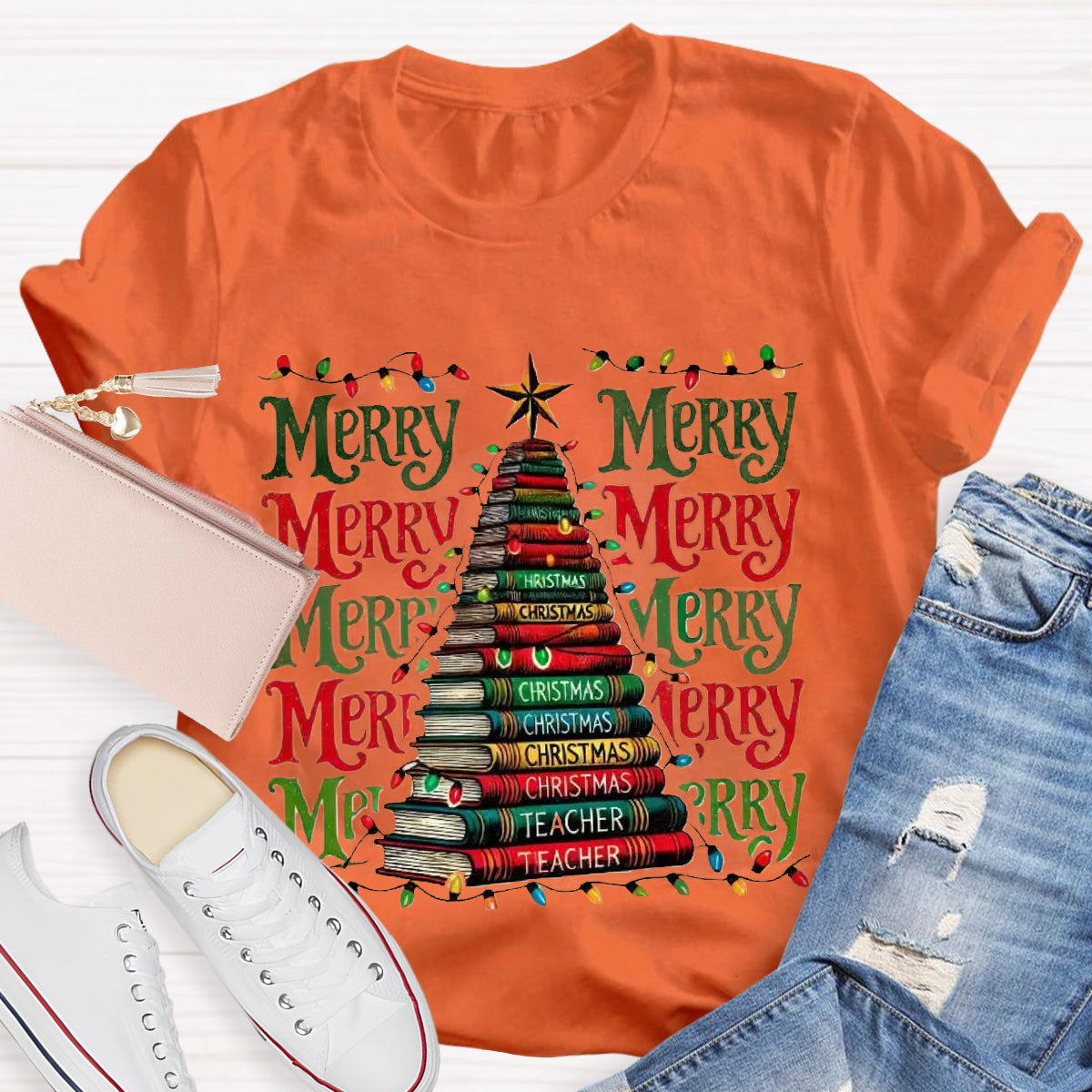 Merry Christmas Book Tree Teacher T-Shirt