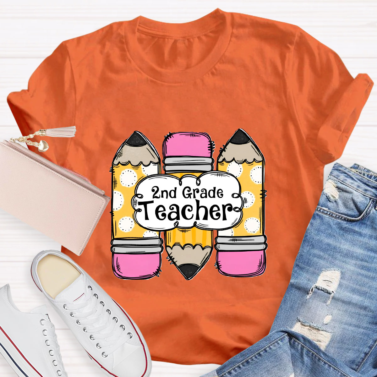 Personalized Grade Pink Pencil Printed 2nd Grade Teacher T-Shirt