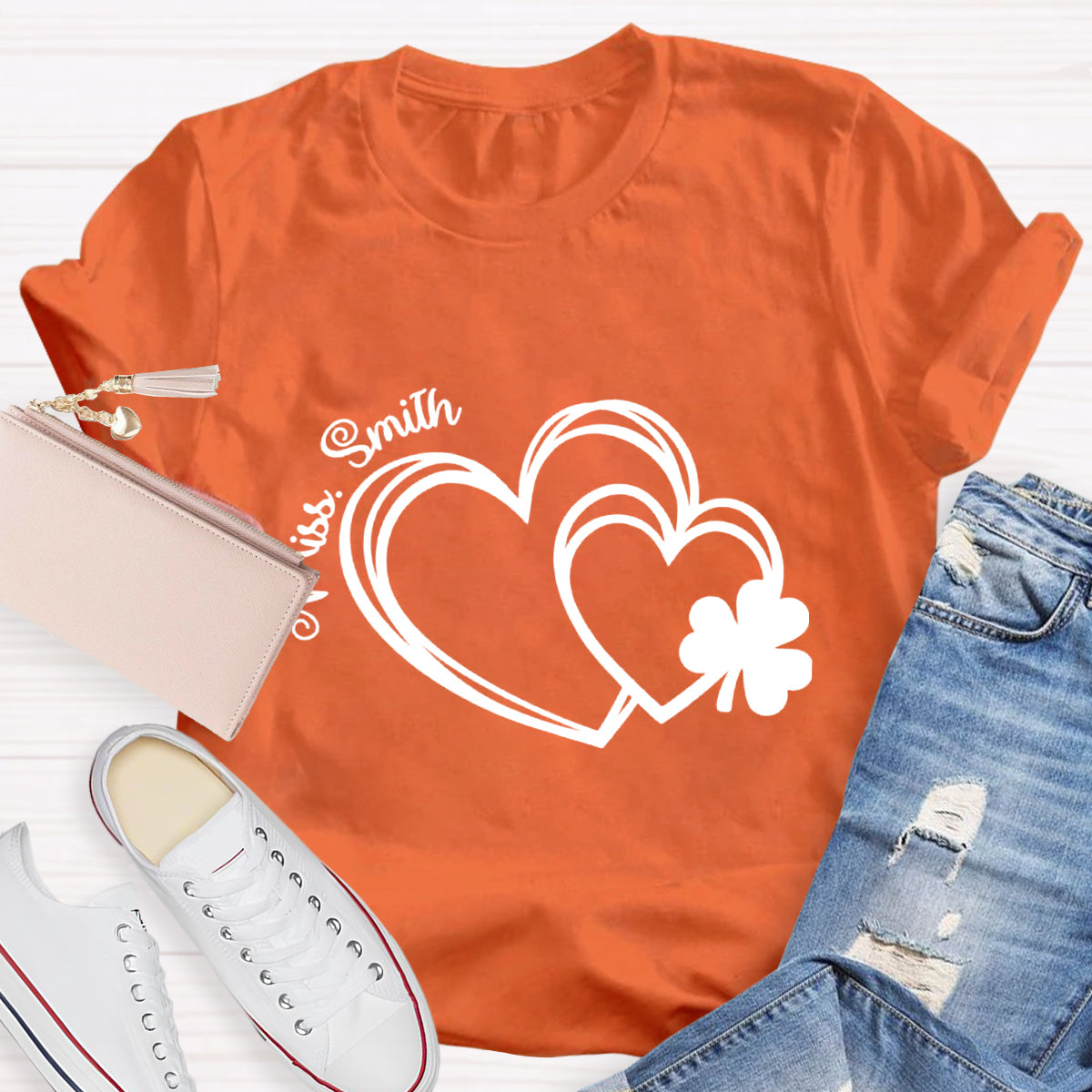 Personalized Name Heart Shamrock Teacher T-Shirt