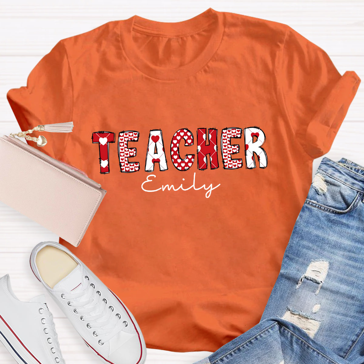 Personalized Name Pink Heart Printed Teacher T-Shirt