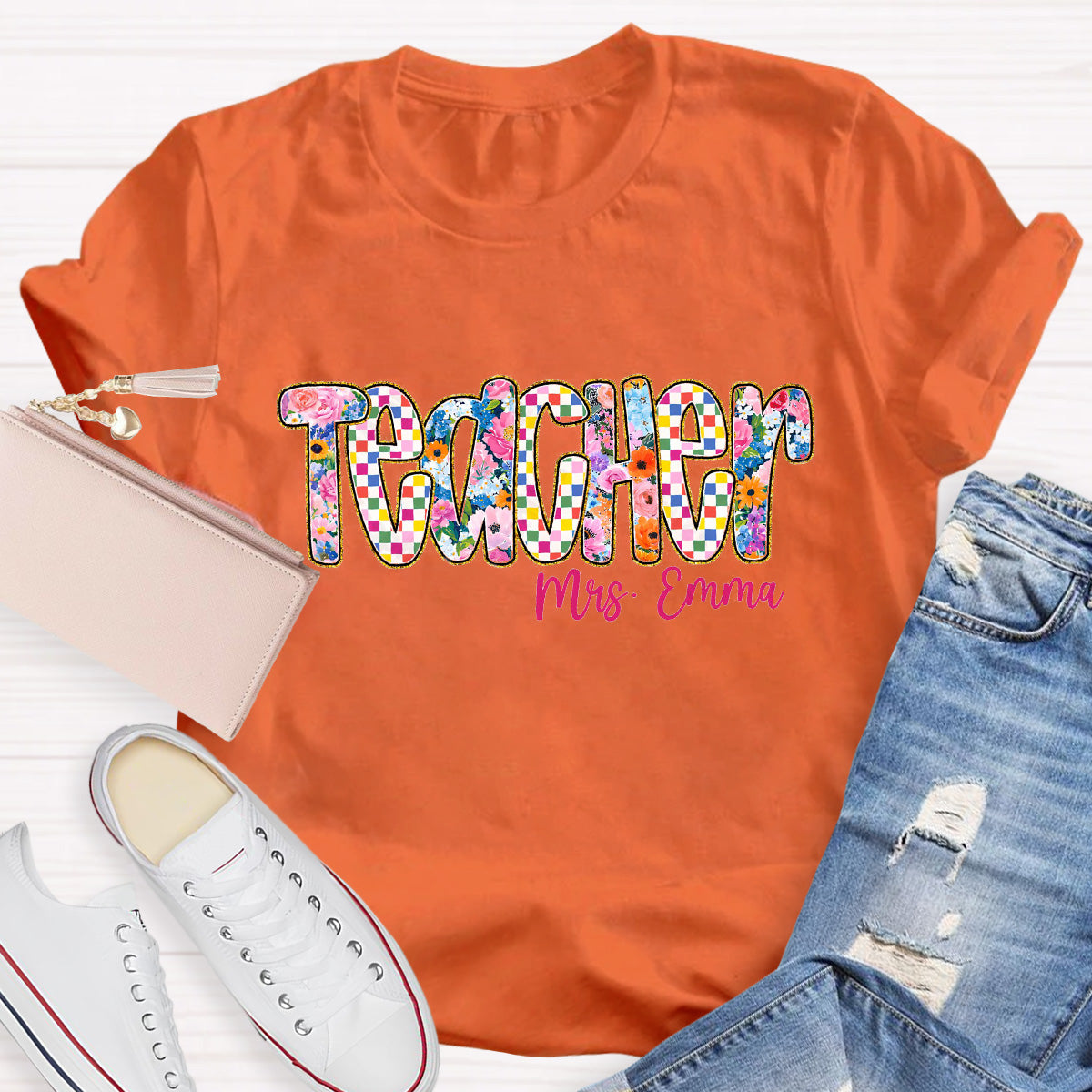 Personalized Name Pink Flowers  Teacher T-Shirt