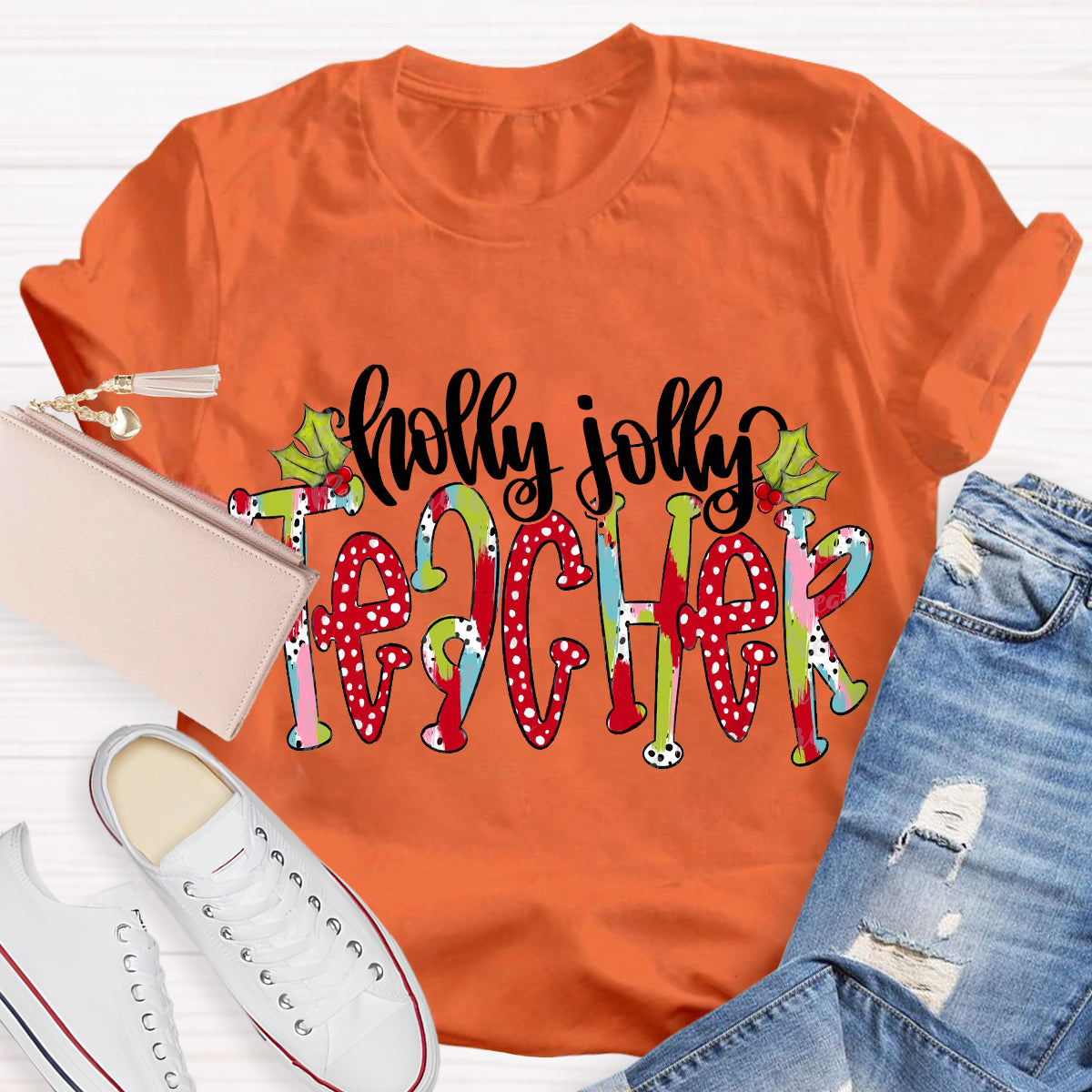 Holly Jolly Teacher Christmas Brushstrokes Dalmatian Dots Hand Lettered Teacher T-Shirt