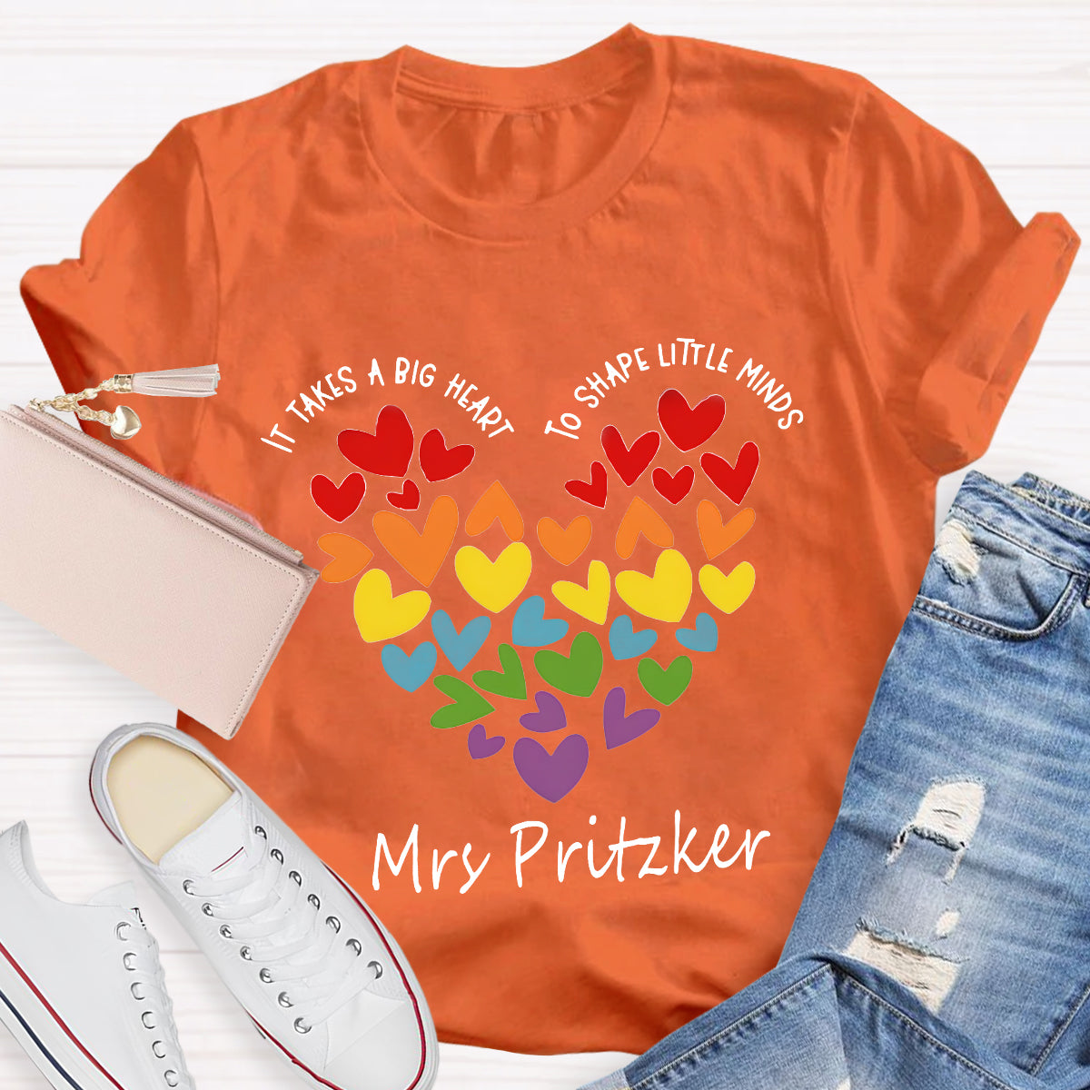 Personalized Name It Takes A Big Heart To Shape Little Minds Teacher T-Shirt